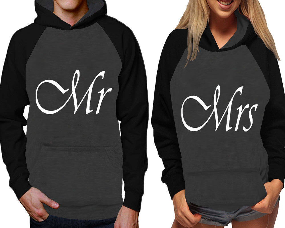 Mr and Mrs raglan hoodies, Matching couple hoodies, Black Charcoal his and hers man and woman contrast raglan hoodies