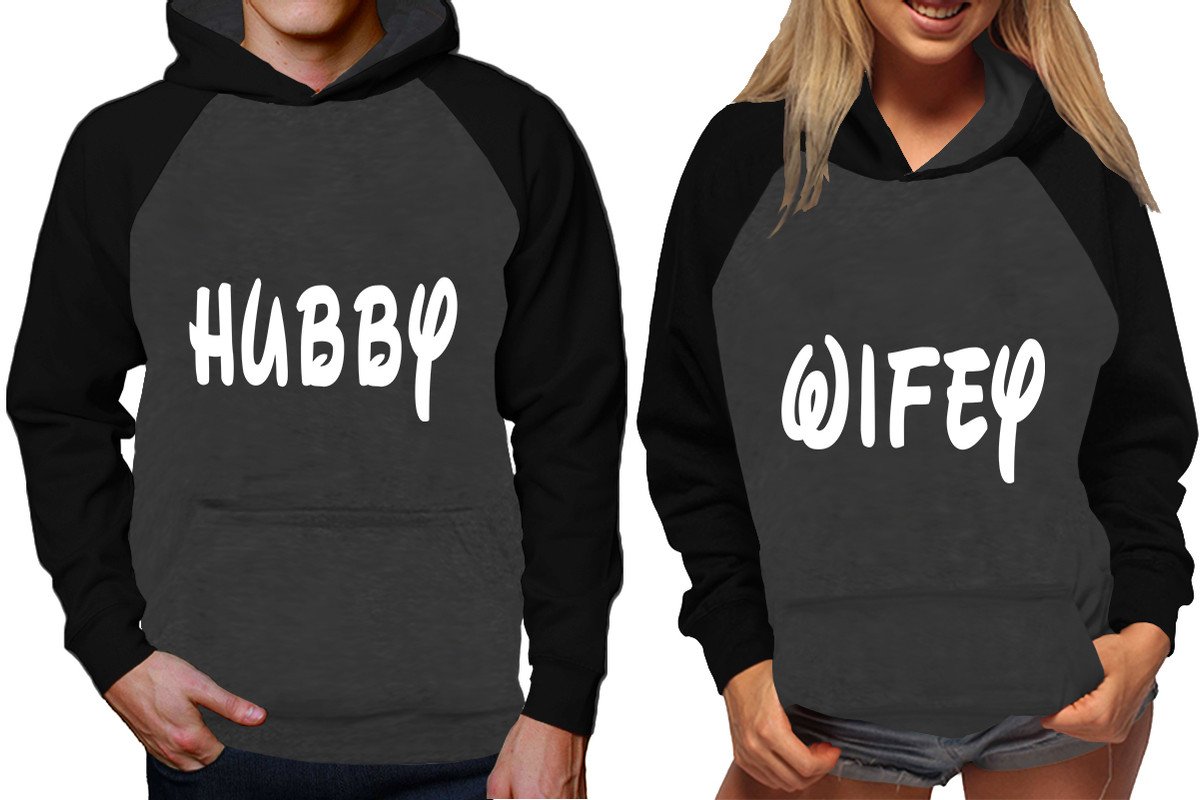 Hubby and Wifey raglan hoodies, Matching couple hoodies, Black Charcoal King Queen design on man and woman hoodies