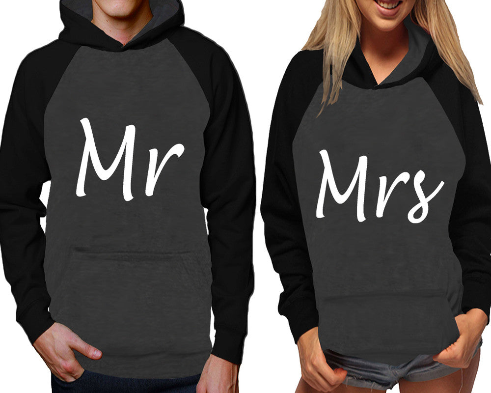Mr and Mrs raglan hoodies, Matching couple hoodies, Black Charcoal his and hers man and woman contrast raglan hoodies