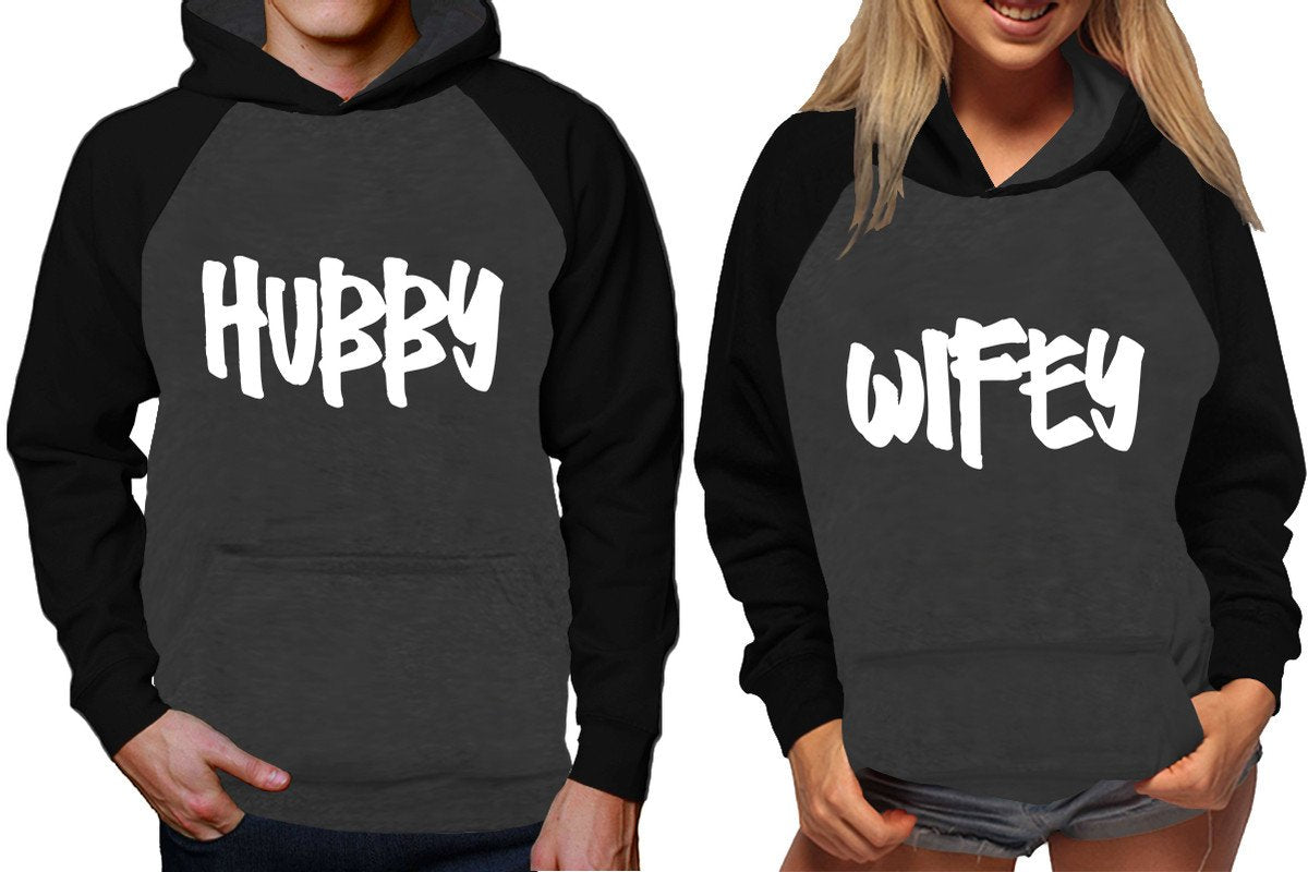 Hubby and Wifey raglan hoodies, Matching couple hoodies, Black Charcoal King Queen design on man and woman hoodies