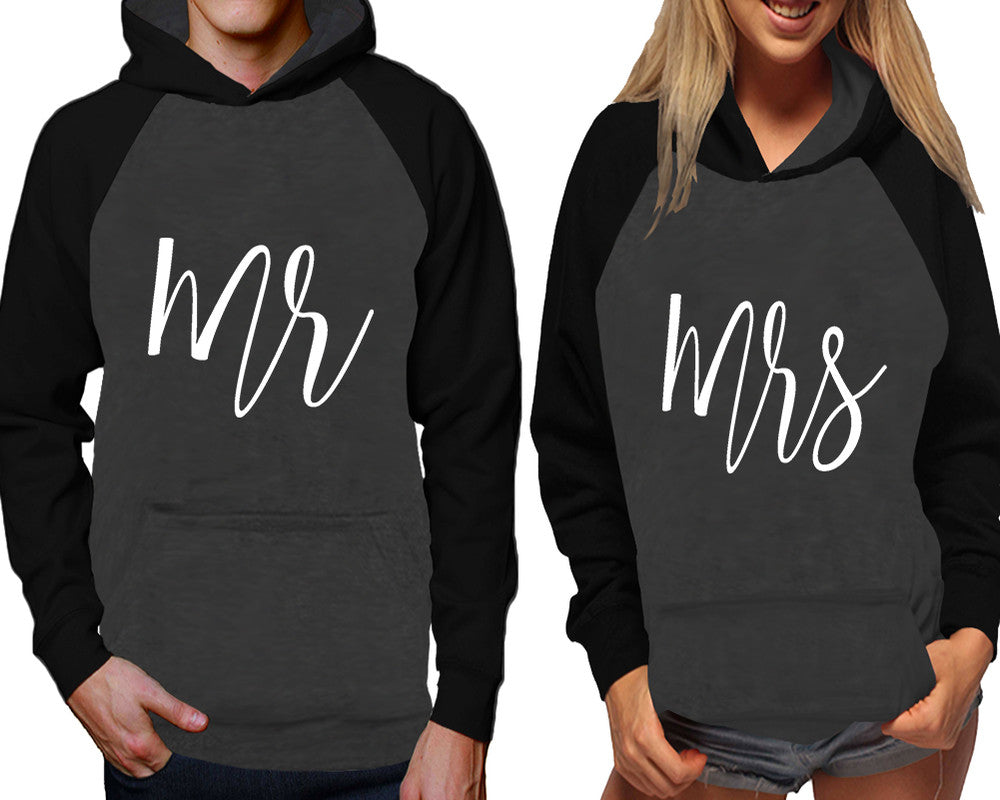 Mr and Mrs raglan hoodies, Matching couple hoodies, Black Charcoal his and hers man and woman contrast raglan hoodies