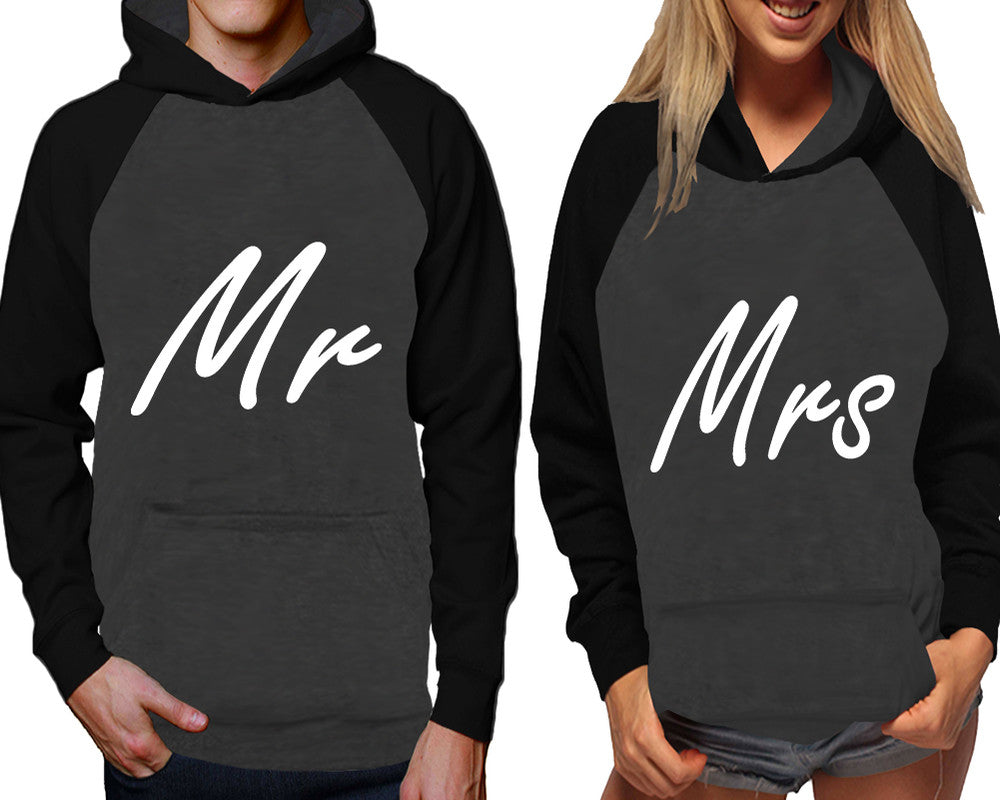 Mr and Mrs raglan hoodies, Matching couple hoodies, Black Charcoal his and hers man and woman contrast raglan hoodies