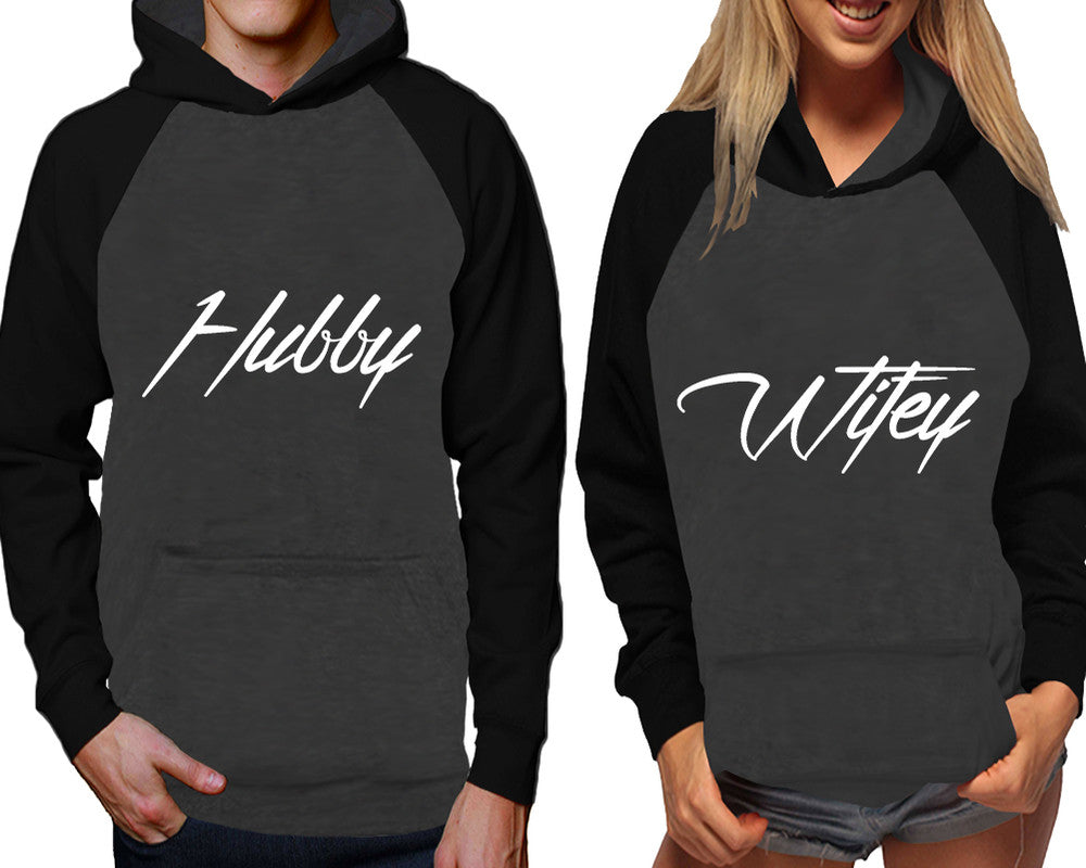 Hubby and Wifey raglan hoodies, Matching couple hoodies, Black Charcoal his and hers man and woman contrast raglan hoodies