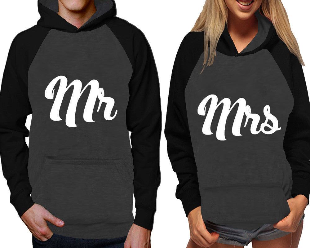 Mr and Mrs raglan hoodies, Matching couple hoodies, Black Charcoal his and hers man and woman contrast raglan hoodies