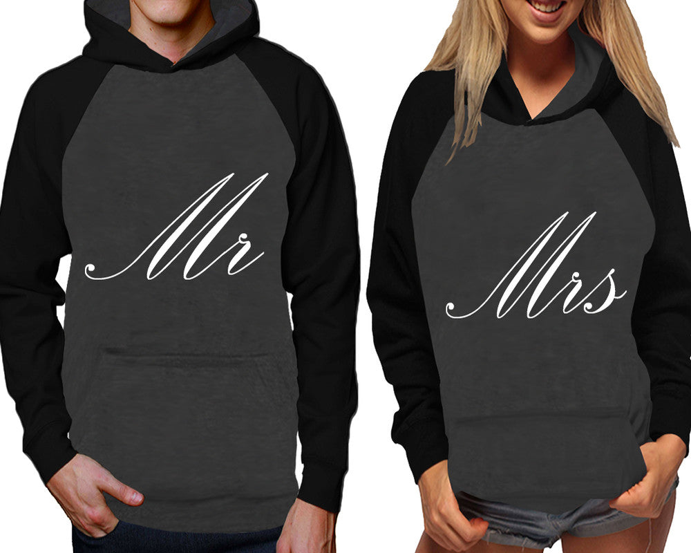 Mr and Mrs raglan hoodies, Matching couple hoodies, Black Charcoal his and hers man and woman contrast raglan hoodies