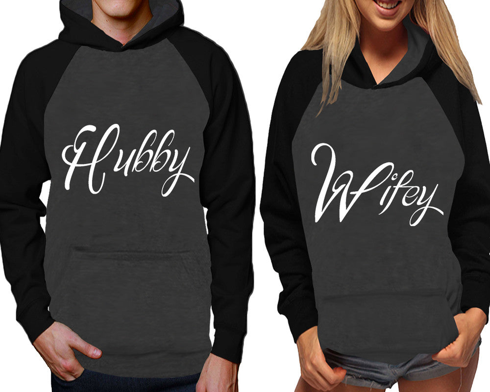 Hubby and Wifey raglan hoodies, Matching couple hoodies, Black Charcoal his and hers man and woman contrast raglan hoodies