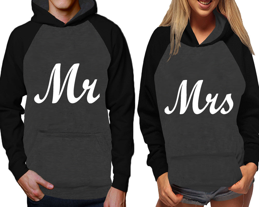 Mr and Mrs raglan hoodies, Matching couple hoodies, Black Charcoal his and hers man and woman contrast raglan hoodies