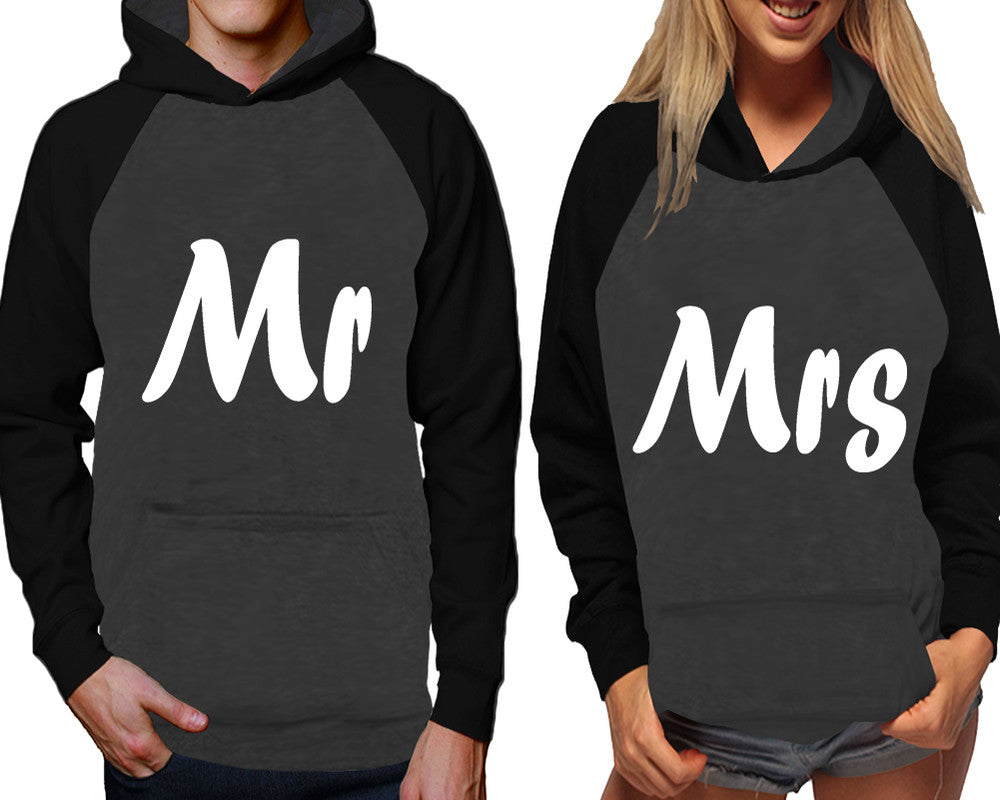 Mr and Mrs raglan hoodies, Matching couple hoodies, Black Charcoal his and hers man and woman contrast raglan hoodies