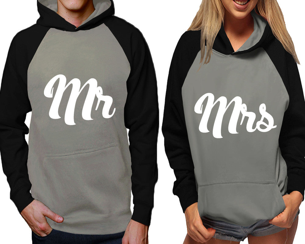 Mr and Mrs raglan hoodies, Matching couple hoodies, Black Grey his and hers man and woman contrast raglan hoodies