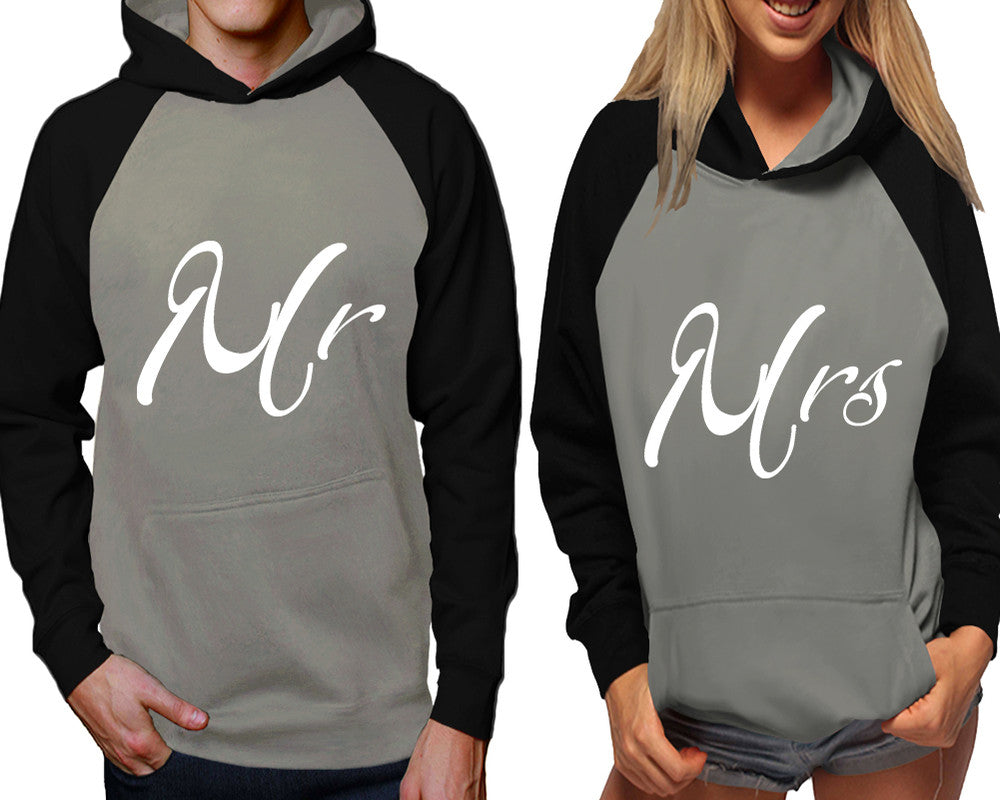 Mr and Mrs raglan hoodies, Matching couple hoodies, Black Grey his and hers man and woman contrast raglan hoodies