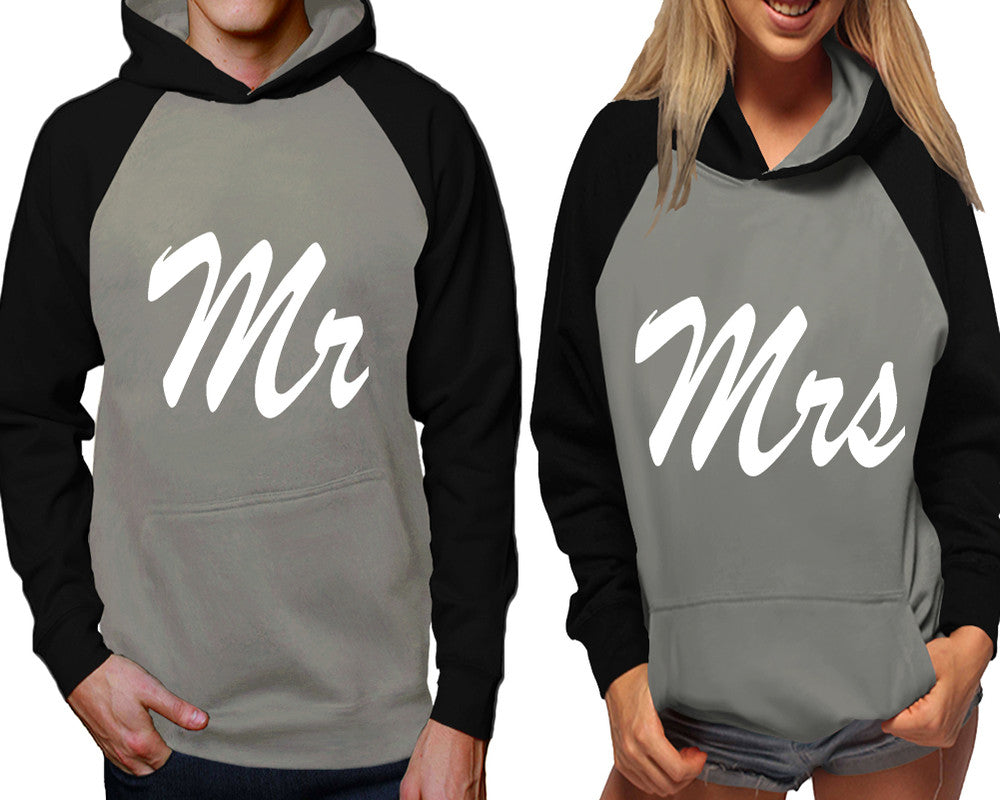 Mr and Mrs raglan hoodies, Matching couple hoodies, Black Grey his and hers man and woman contrast raglan hoodies