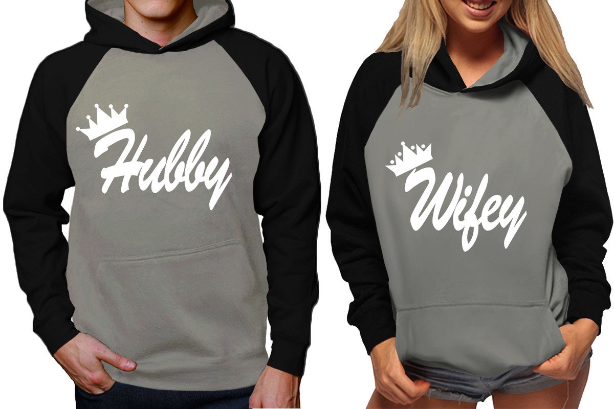 Hubby and Wifey raglan hoodies, Matching couple hoodies, Black Grey King Queen design on man and woman hoodies