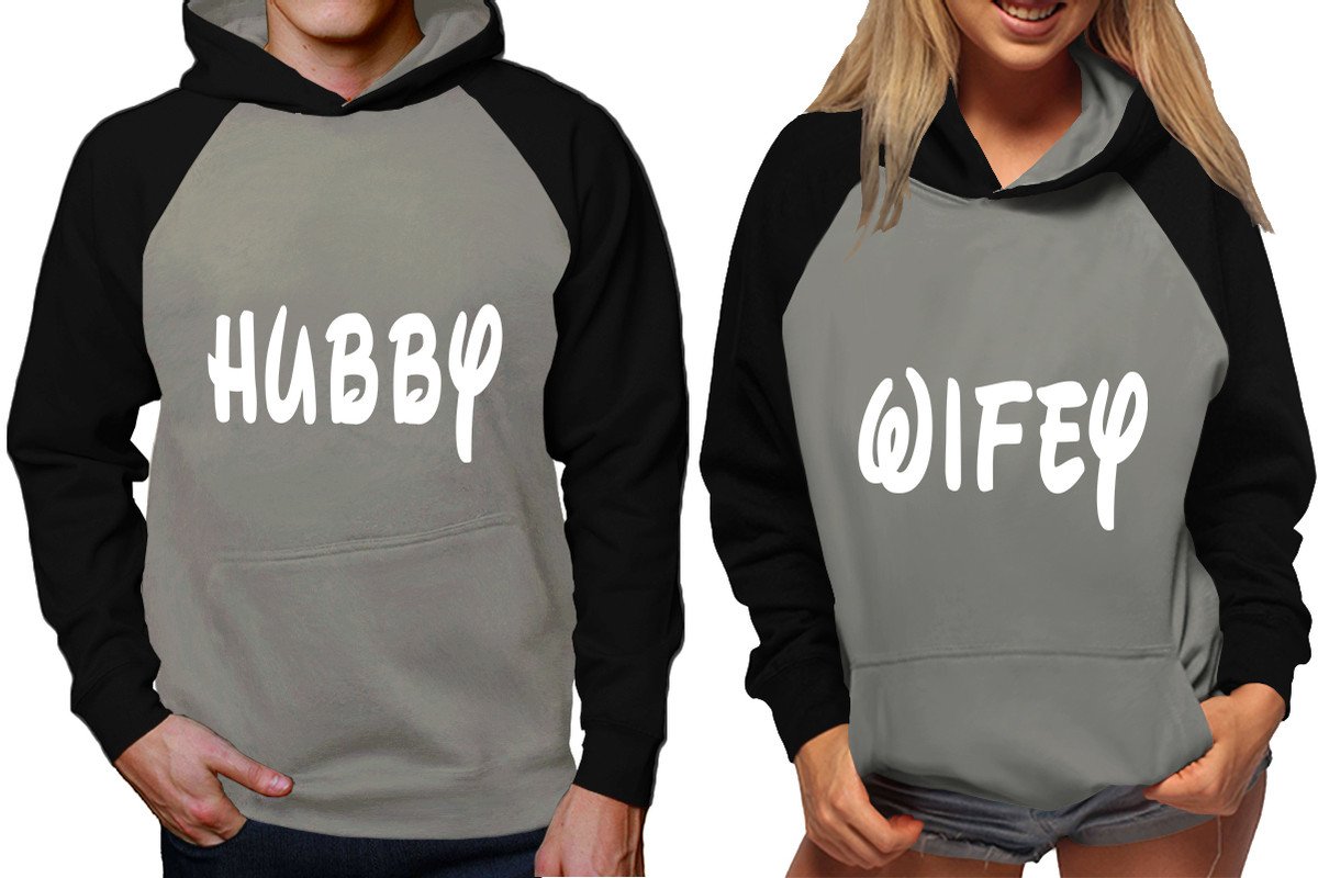 Hubby and Wifey raglan hoodies, Matching couple hoodies, Black Grey King Queen design on man and woman hoodies