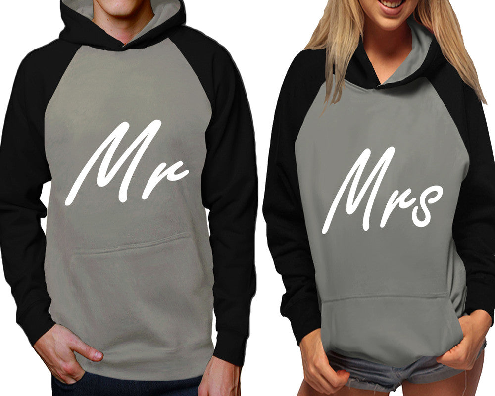 Mr and Mrs raglan hoodies, Matching couple hoodies, Black Grey his and hers man and woman contrast raglan hoodies