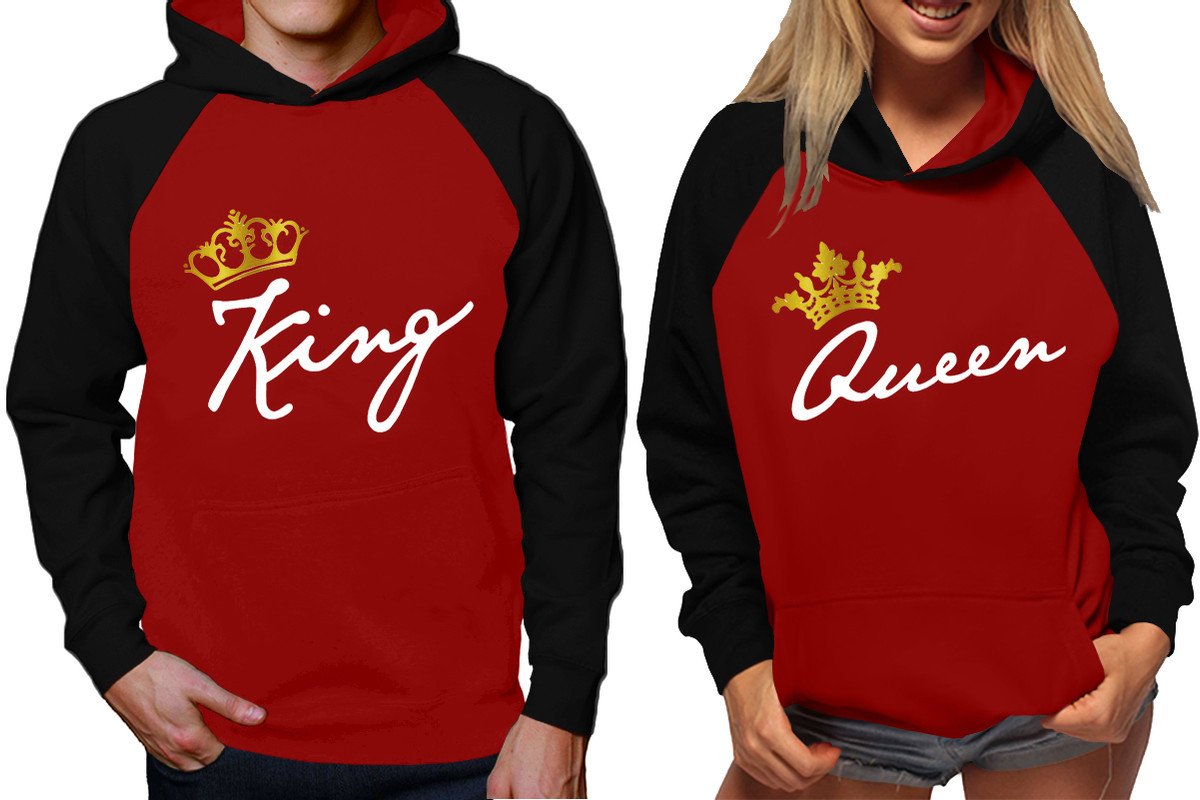 King and Queen raglan hoodies, Matching couple hoodies, Black Maroon King Queen design on man and woman hoodies
