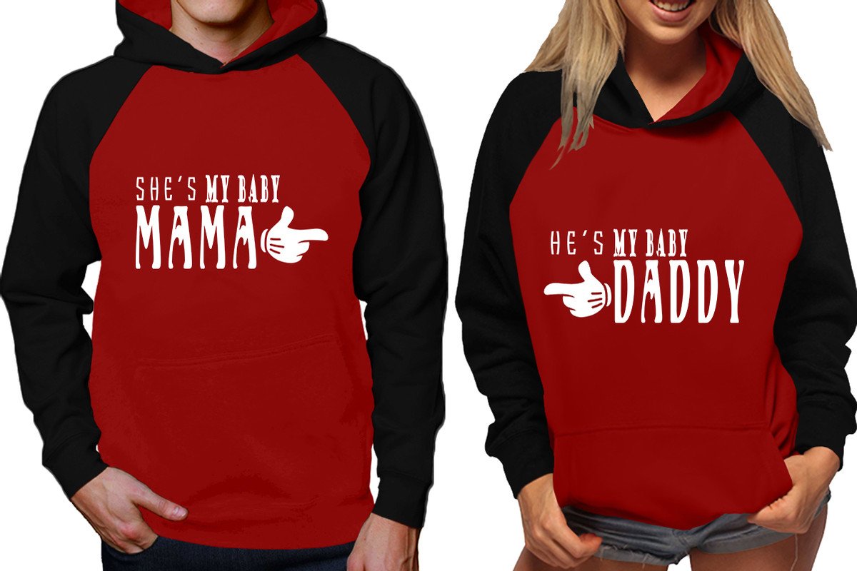 She's My Baby Mama and He's My Baby Daddy raglan hoodies, Matching couple hoodies, Black Maroon his and hers man and woman contrast raglan hoodies