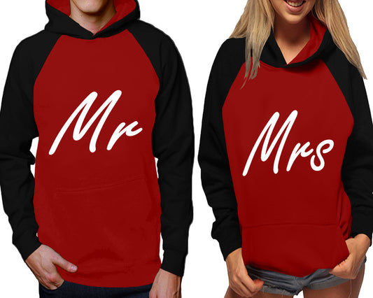 Mr and Mrs raglan hoodies, Matching couple hoodies, Black Maroon his and hers man and woman contrast raglan hoodies