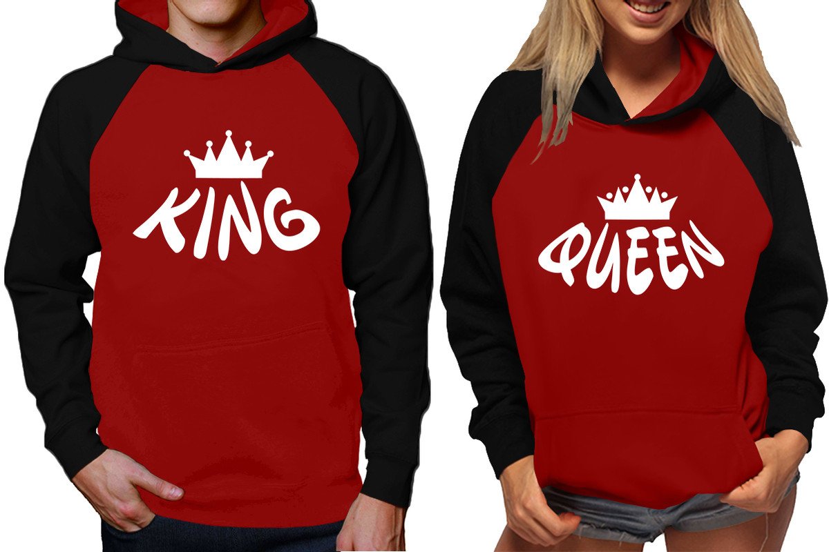 King and Queen raglan hoodies, Matching couple hoodies, Black Maroon King Queen design on man and woman hoodies