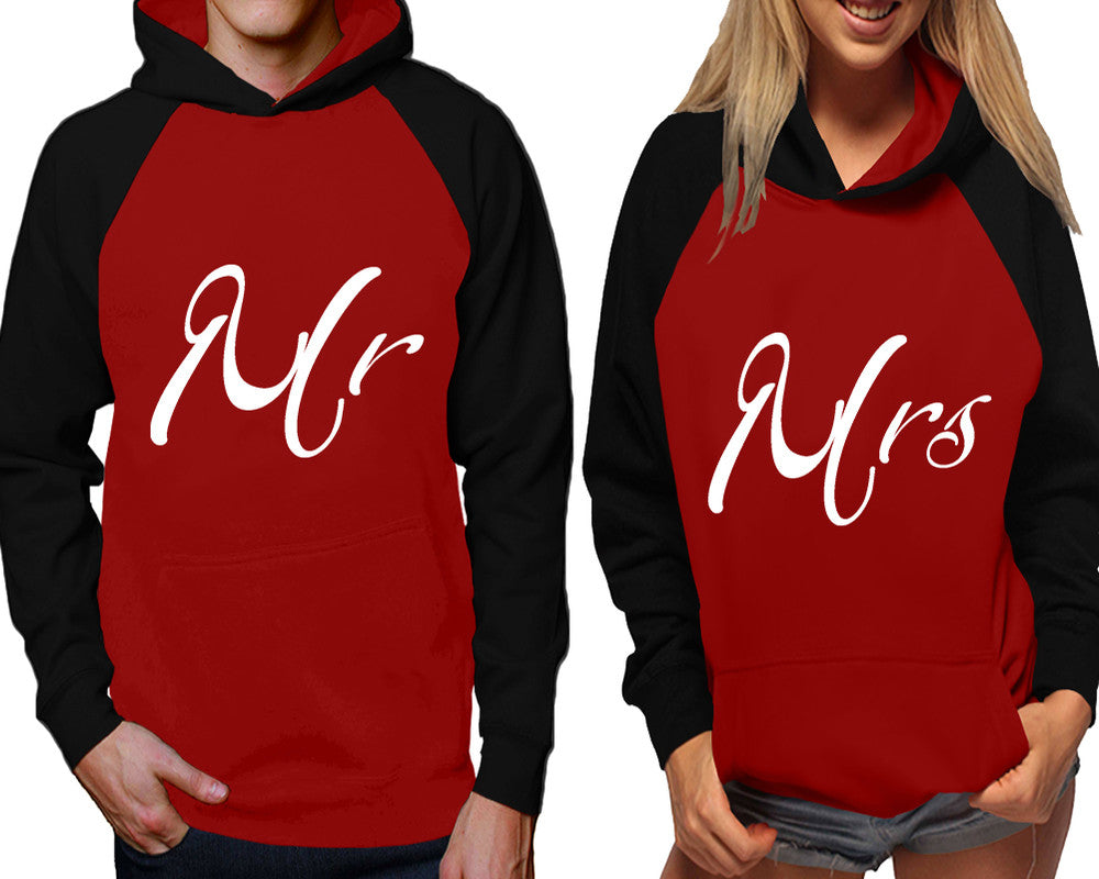 Mr and Mrs raglan hoodies, Matching couple hoodies, Black Maroon his and hers man and woman contrast raglan hoodies