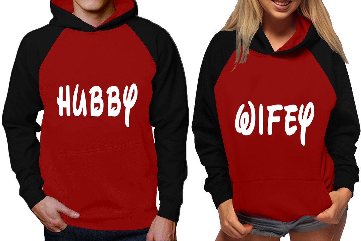 Hubby and Wifey raglan hoodies, Matching couple hoodies, Black Maroon King Queen design on man and woman hoodies