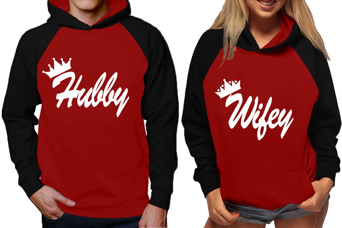 Hubby and Wifey raglan hoodies, Matching couple hoodies, Black Maroon King Queen design on man and woman hoodies