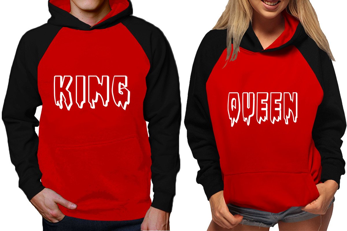 King and Queen raglan hoodies, Matching couple hoodies, Black Red King Queen design on man and woman hoodies