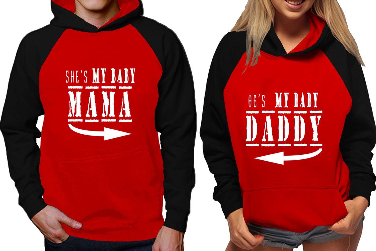 She's My Baby Mama and He's My Baby Daddy raglan hoodies, Matching couple hoodies, Black Red his and hers man and woman contrast raglan hoodies