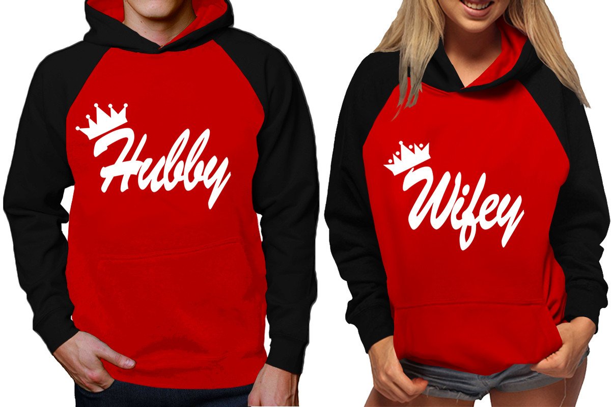 Hubby and Wifey raglan hoodies, Matching couple hoodies, Black Red King Queen design on man and woman hoodies