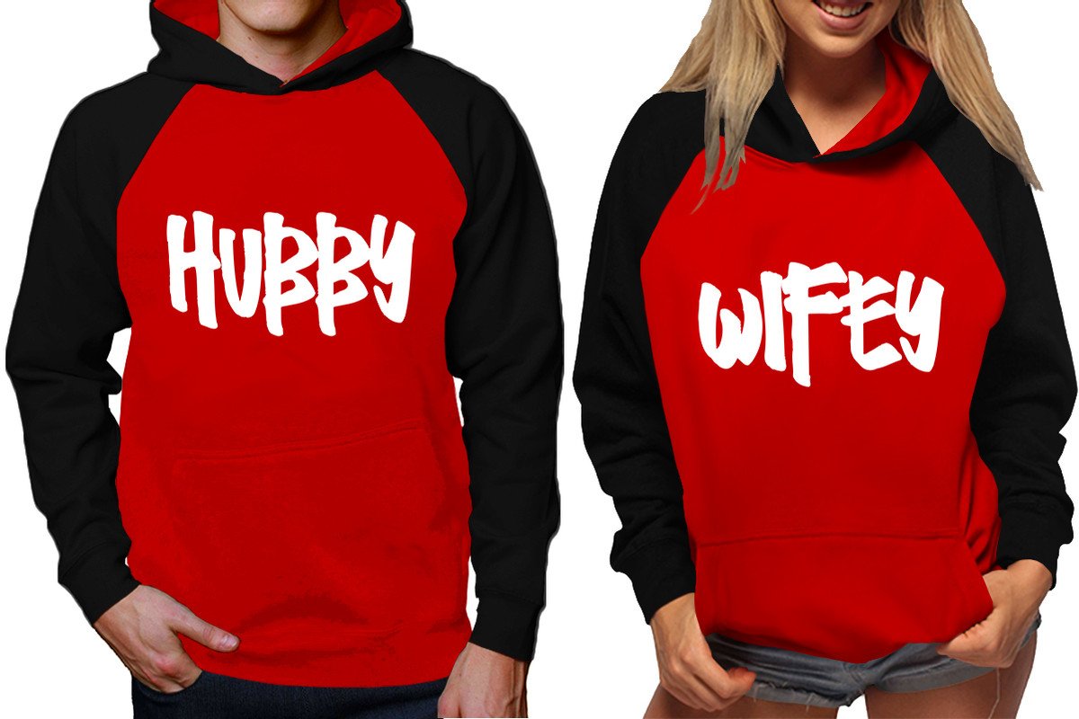 Hubby and Wifey raglan hoodies, Matching couple hoodies, Black Red King Queen design on man and woman hoodies