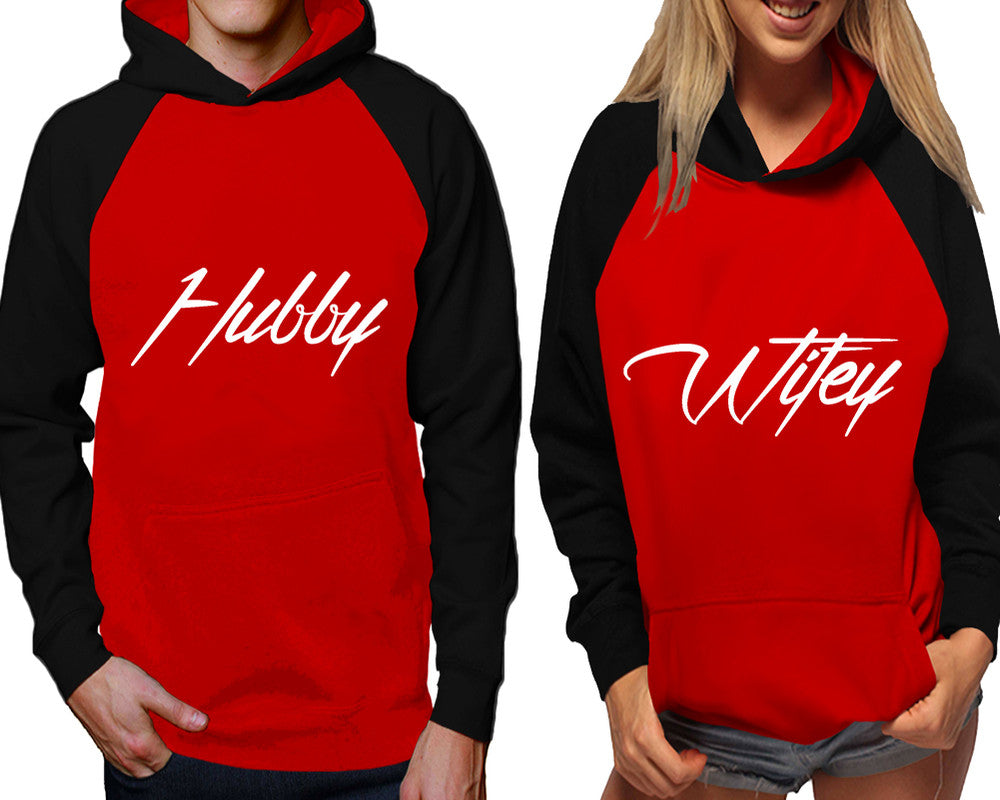 Hubby and Wifey raglan hoodies, Matching couple hoodies, Black Red his and hers man and woman contrast raglan hoodies