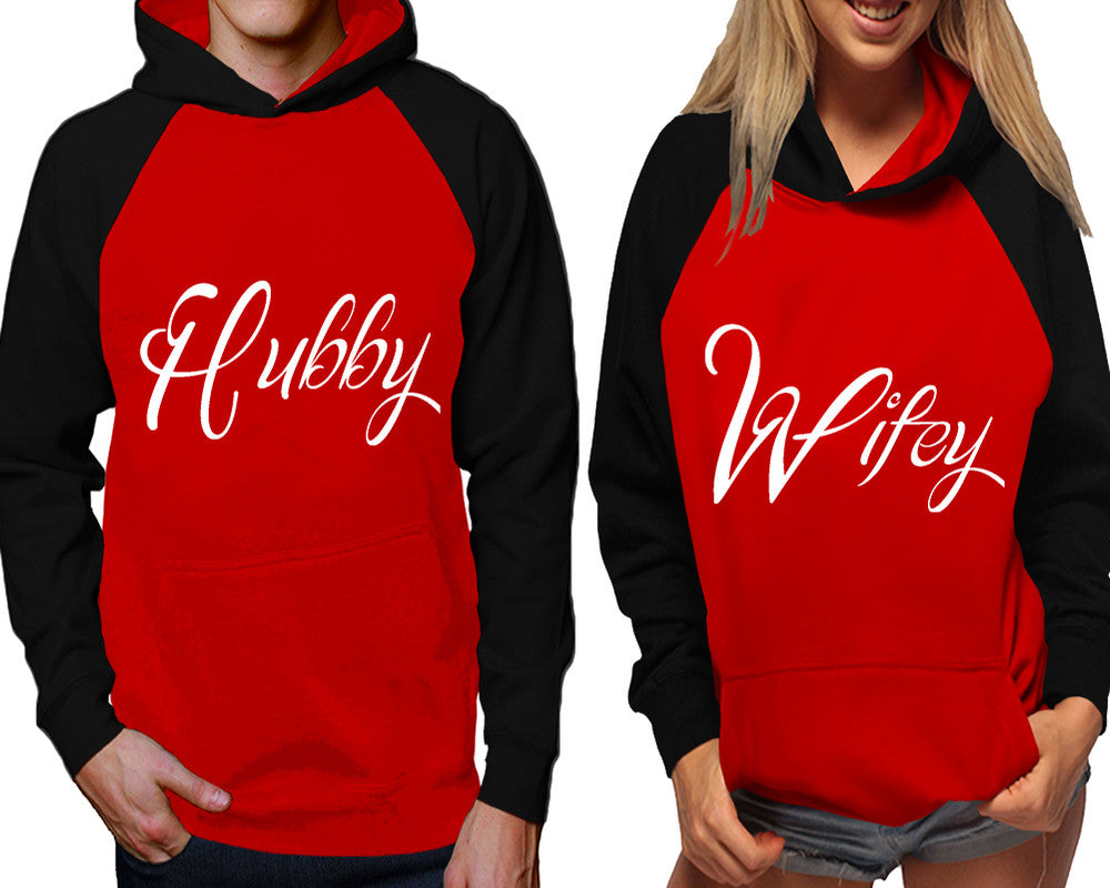 Hubby and Wifey raglan hoodies, Matching couple hoodies, Black Red his and hers man and woman contrast raglan hoodies