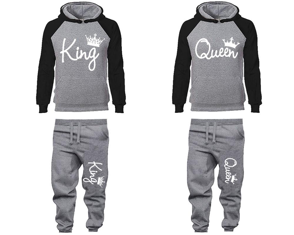 King Queen matching top and bottom set, Black Grey raglan hoodie and sweatpants sets for mens, raglan hoodie and jogger set womens. Matching couple joggers.