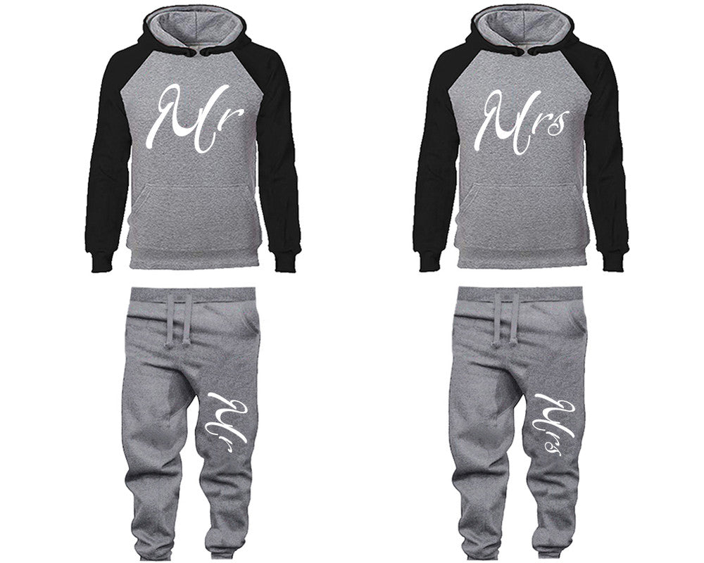 Mr and Mrs matching top and bottom set, Black Grey raglan hoodie and sweatpants sets for mens, raglan hoodie and jogger set womens. Matching couple joggers.