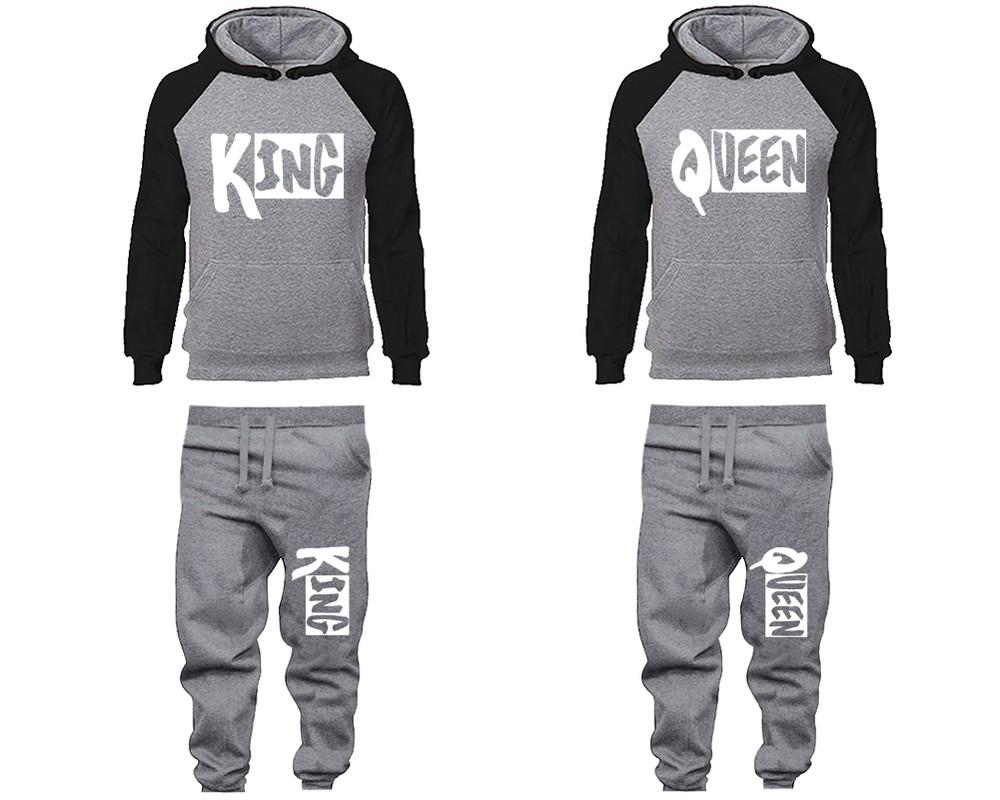 King and Queen matching top and bottom set, Black Grey raglan hoodie and sweatpants sets for mens, raglan hoodie and jogger set womens. Matching couple joggers.