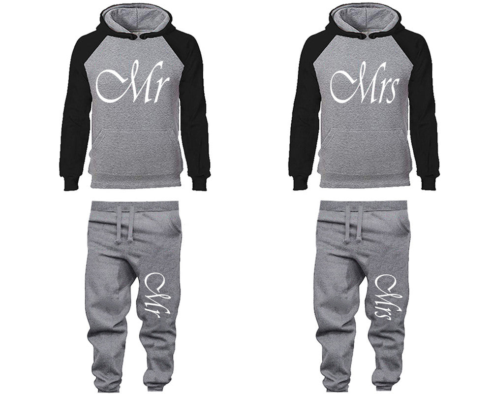 Mr and Mrs matching top and bottom set, Black Grey raglan hoodie and sweatpants sets for mens, raglan hoodie and jogger set womens. Matching couple joggers.