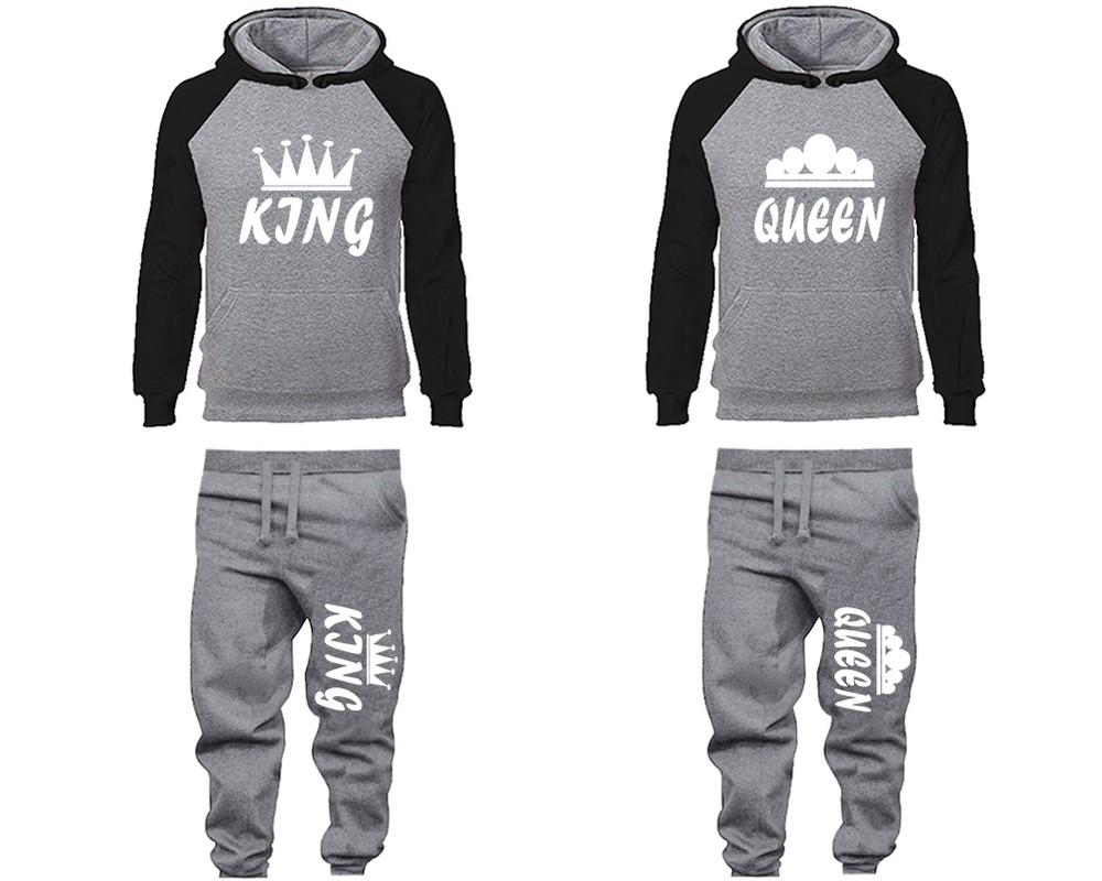 King and Queen matching top and bottom set, Black Grey raglan hoodie and sweatpants sets for mens, raglan hoodie and jogger set womens. Matching couple joggers.