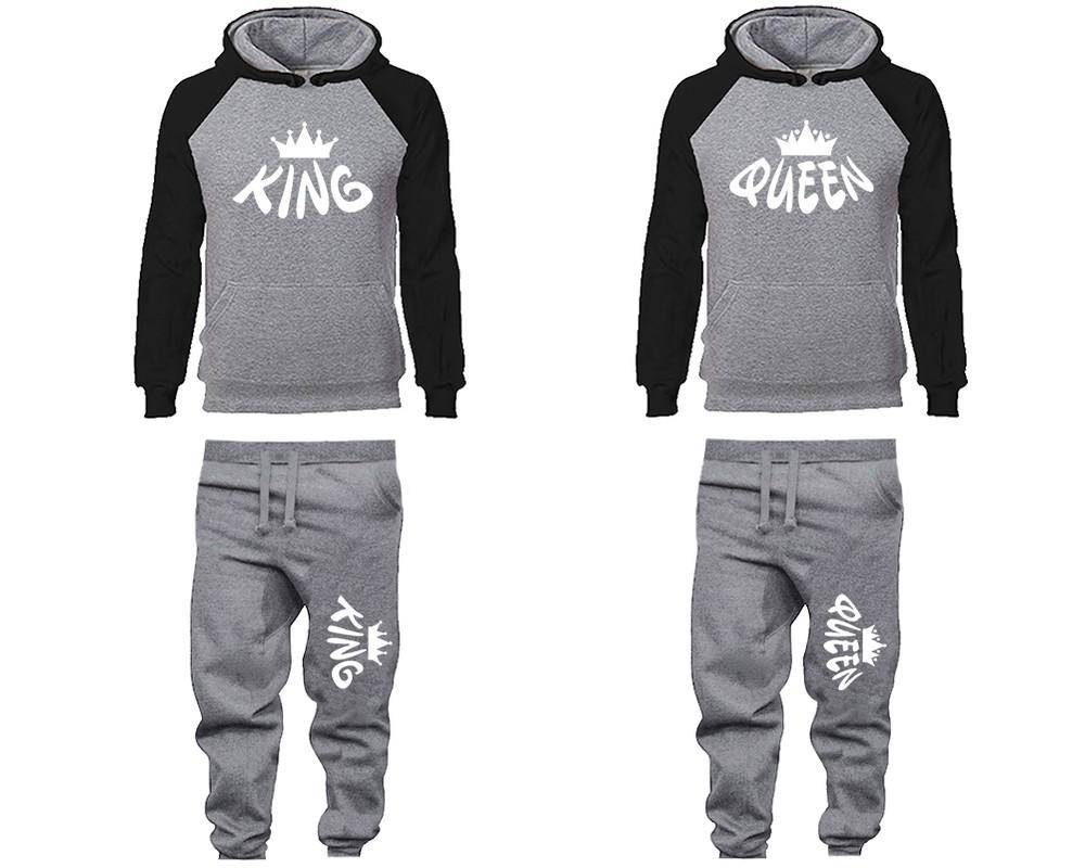 King and Queen matching top and bottom set, Black Grey raglan hoodie and sweatpants sets for mens, raglan hoodie and jogger set womens. Matching couple joggers.