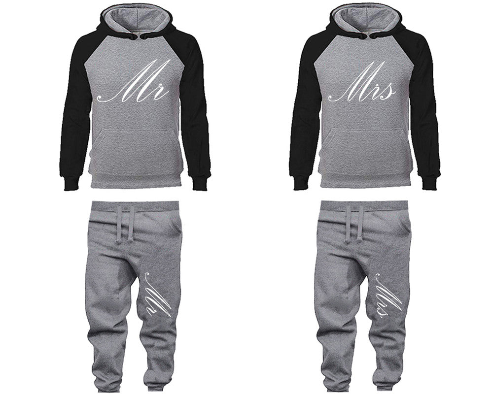 Mr and Mrs matching top and bottom set, Black Grey raglan hoodie and sweatpants sets for mens, raglan hoodie and jogger set womens. Matching couple joggers.