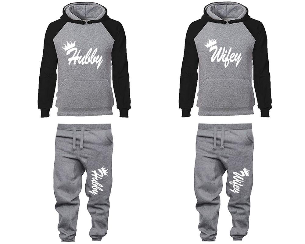 Hubby and Wifey matching top and bottom set, Black Grey raglan hoodie and sweatpants sets for mens, raglan hoodie and jogger set womens. Matching couple joggers.