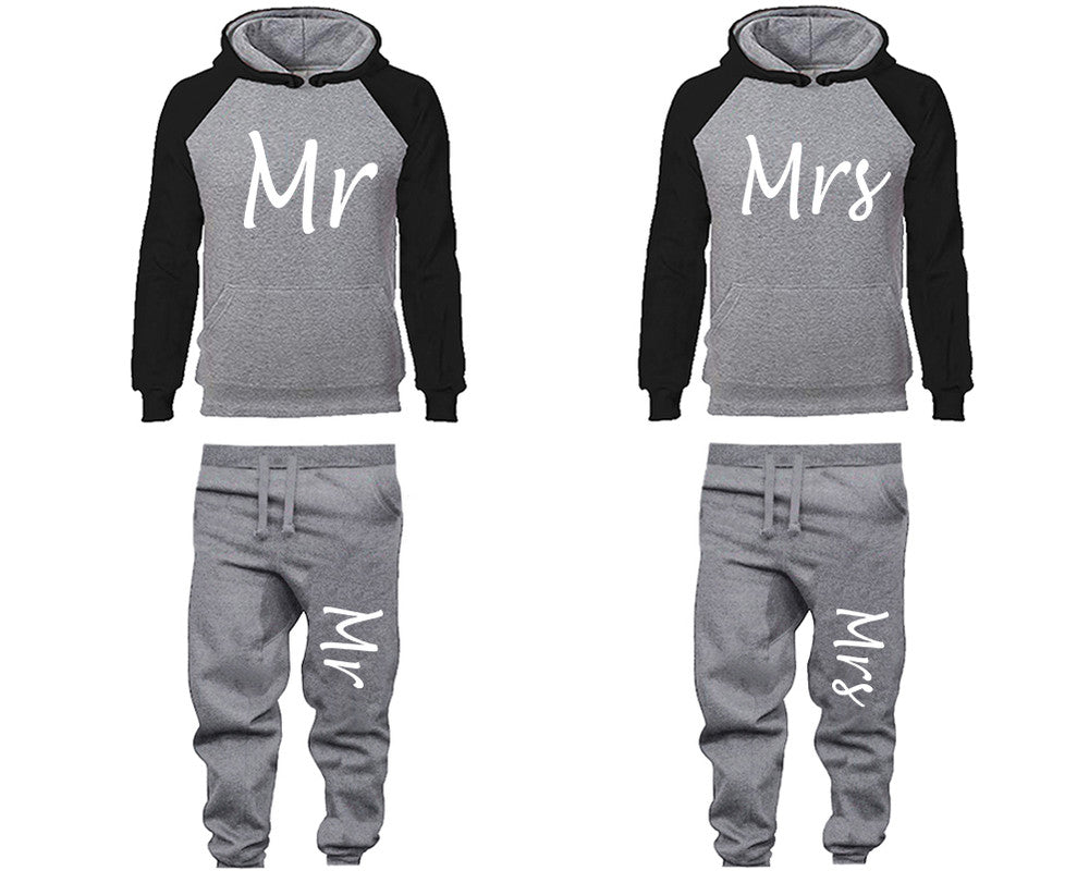 Mr and Mrs matching top and bottom set, Black Grey raglan hoodie and sweatpants sets for mens, raglan hoodie and jogger set womens. Matching couple joggers.