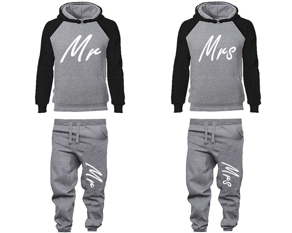 Mr and Mrs matching top and bottom set, Black Grey raglan hoodie and sweatpants sets for mens, raglan hoodie and jogger set womens. Matching couple joggers.