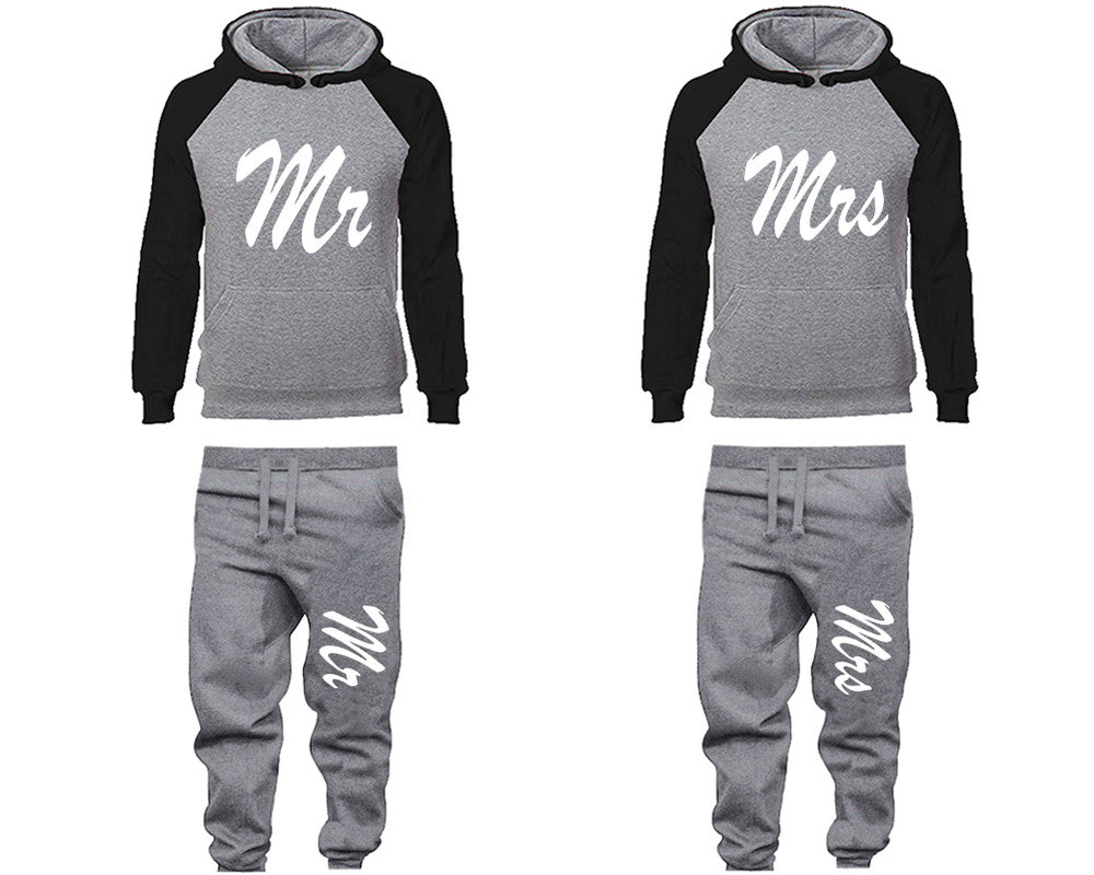 Mr and Mrs matching top and bottom set, Black Grey raglan hoodie and sweatpants sets for mens, raglan hoodie and jogger set womens. Matching couple joggers.