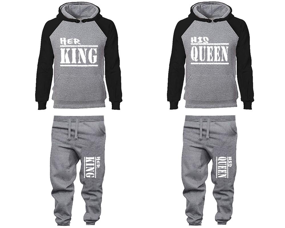 Her King and His Queen matching top and bottom set, Black Grey raglan hoodie and sweatpants sets for mens, raglan hoodie and jogger set womens. Matching couple joggers.