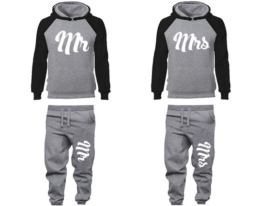 Mr and Mrs matching top and bottom set, Black Grey raglan hoodie and sweatpants sets for mens, raglan hoodie and jogger set womens. Matching couple joggers.