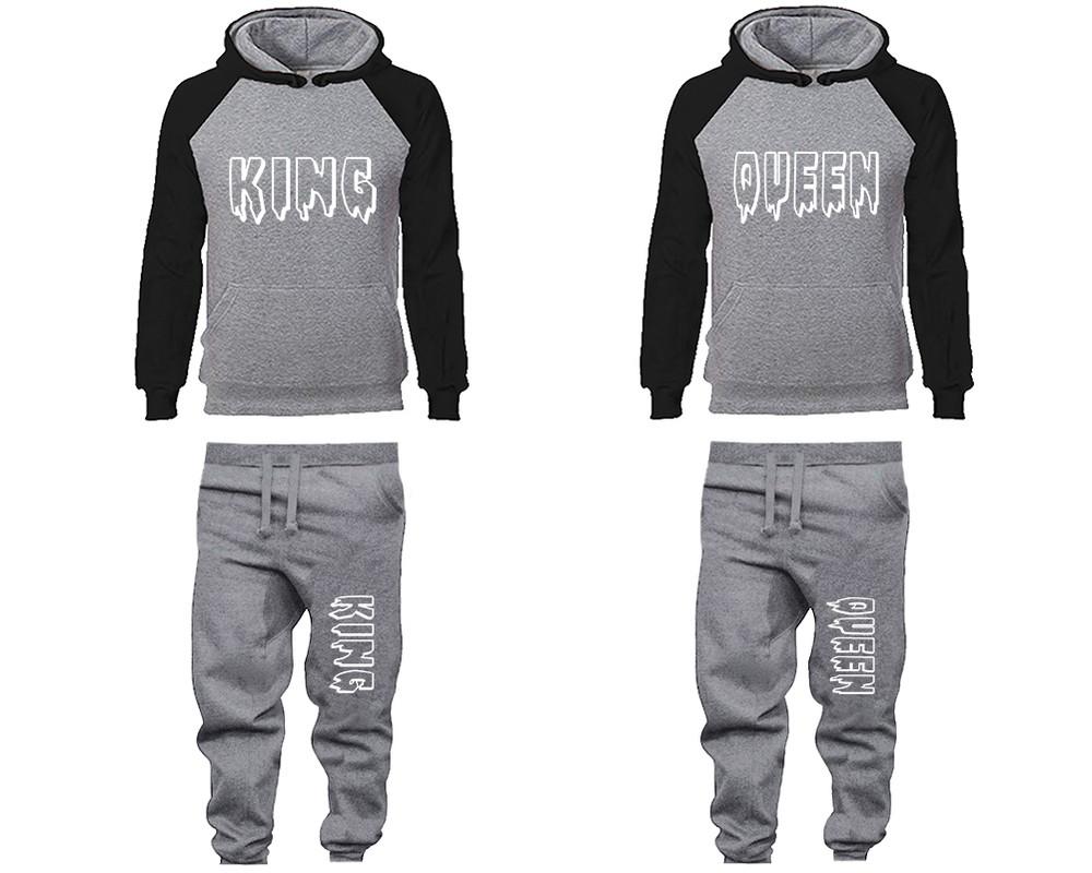 King and Queen matching top and bottom set, Black Grey raglan hoodie and sweatpants sets for mens, raglan hoodie and jogger set womens. Matching couple joggers.