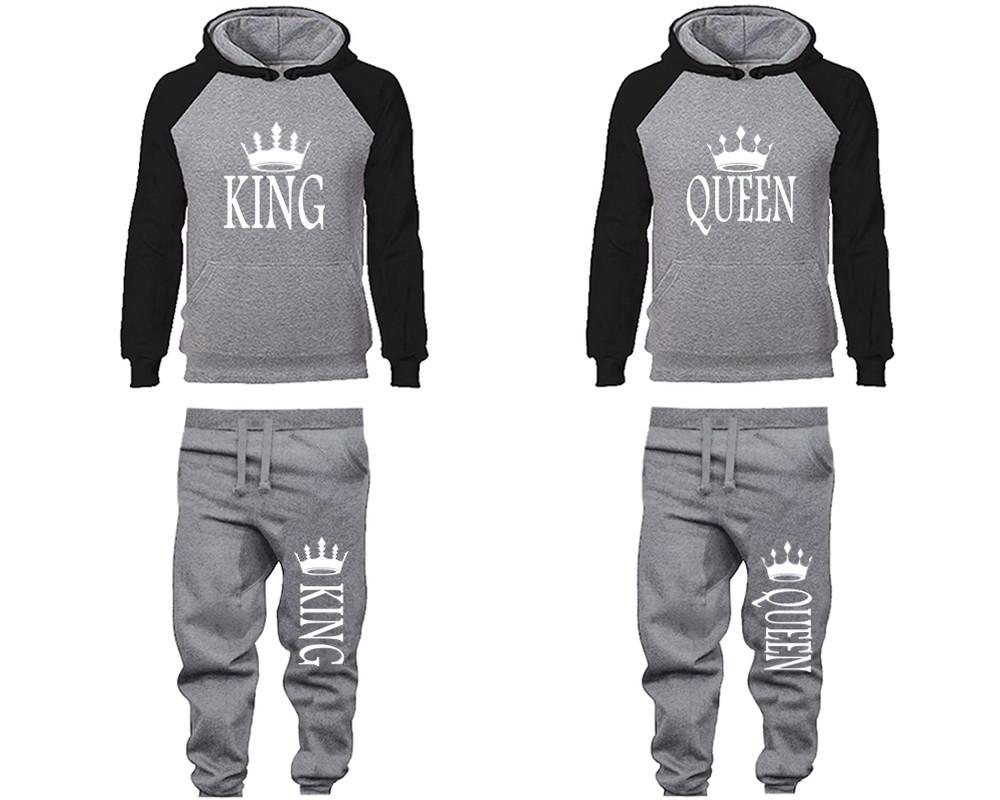 King and Queen matching top and bottom set, Black Grey raglan hoodie and sweatpants sets for mens, raglan hoodie and jogger set womens. Matching couple joggers.