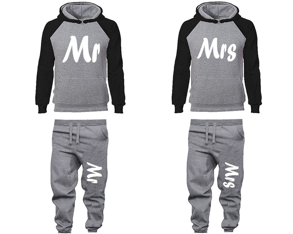 Mr and Mrs matching top and bottom set, Black Grey raglan hoodie and sweatpants sets for mens, raglan hoodie and jogger set womens. Matching couple joggers.