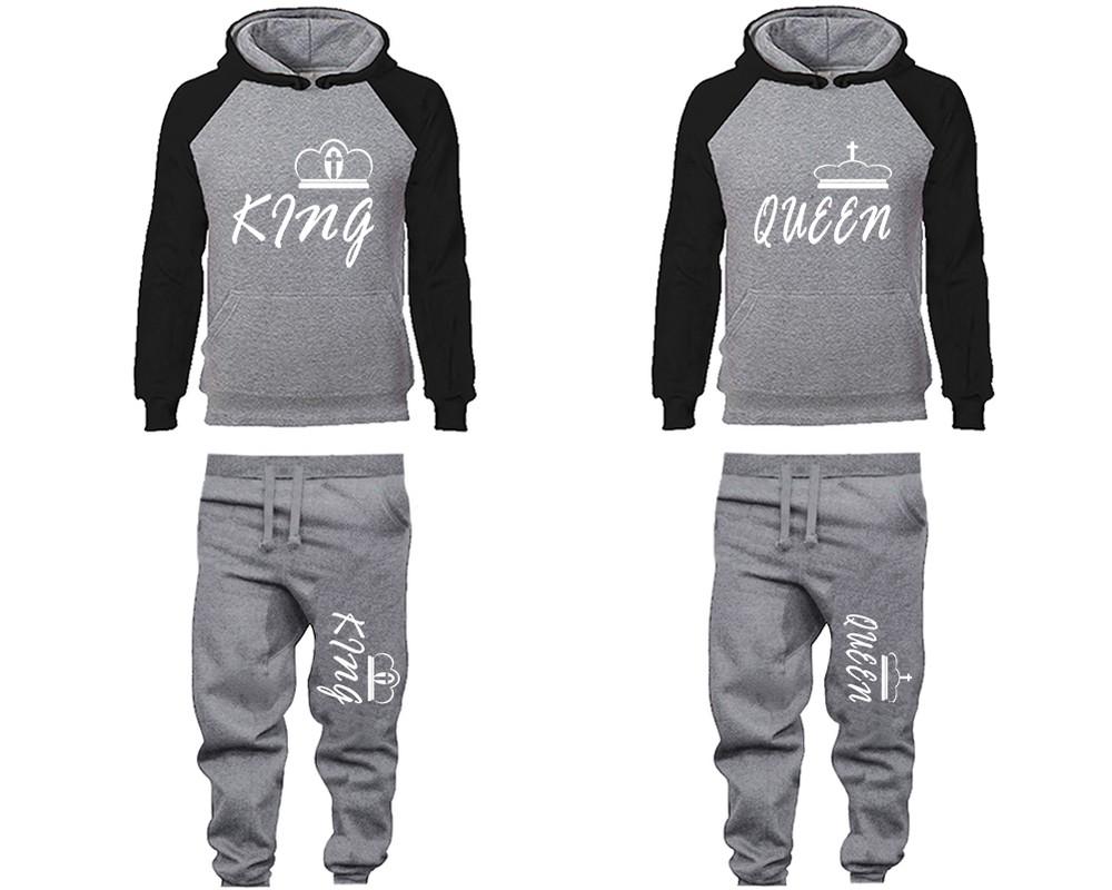King and Queen matching top and bottom set, Black Grey raglan hoodie and sweatpants sets for mens, raglan hoodie and jogger set womens. Matching couple joggers.