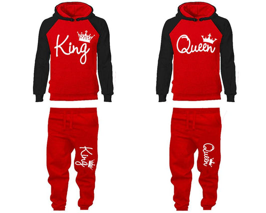 King Queen matching top and bottom set, Black Red raglan hoodie and sweatpants sets for mens, raglan hoodie and jogger set womens. Matching couple joggers.