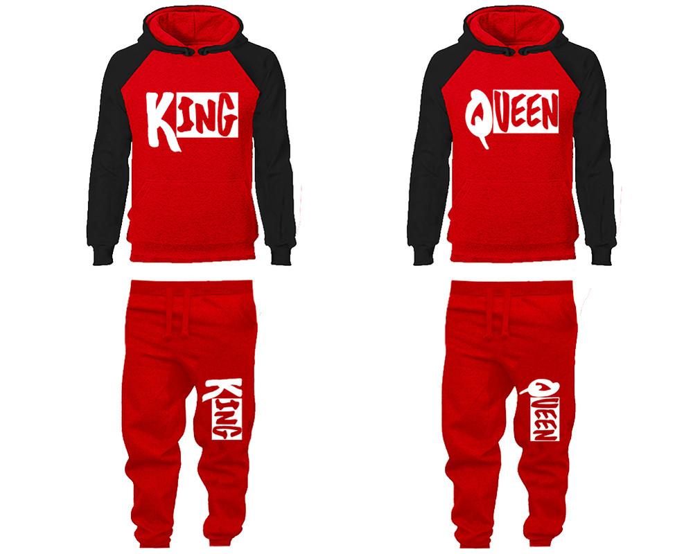 King and Queen matching top and bottom set, Black Red raglan hoodie and sweatpants sets for mens, raglan hoodie and jogger set womens. Matching couple joggers.